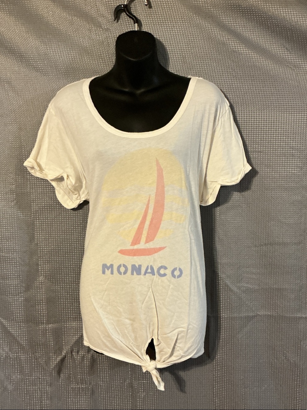 Anthropologie White Scoop Neck Tie-Hem Tee with Pastel Sailboat Graphic